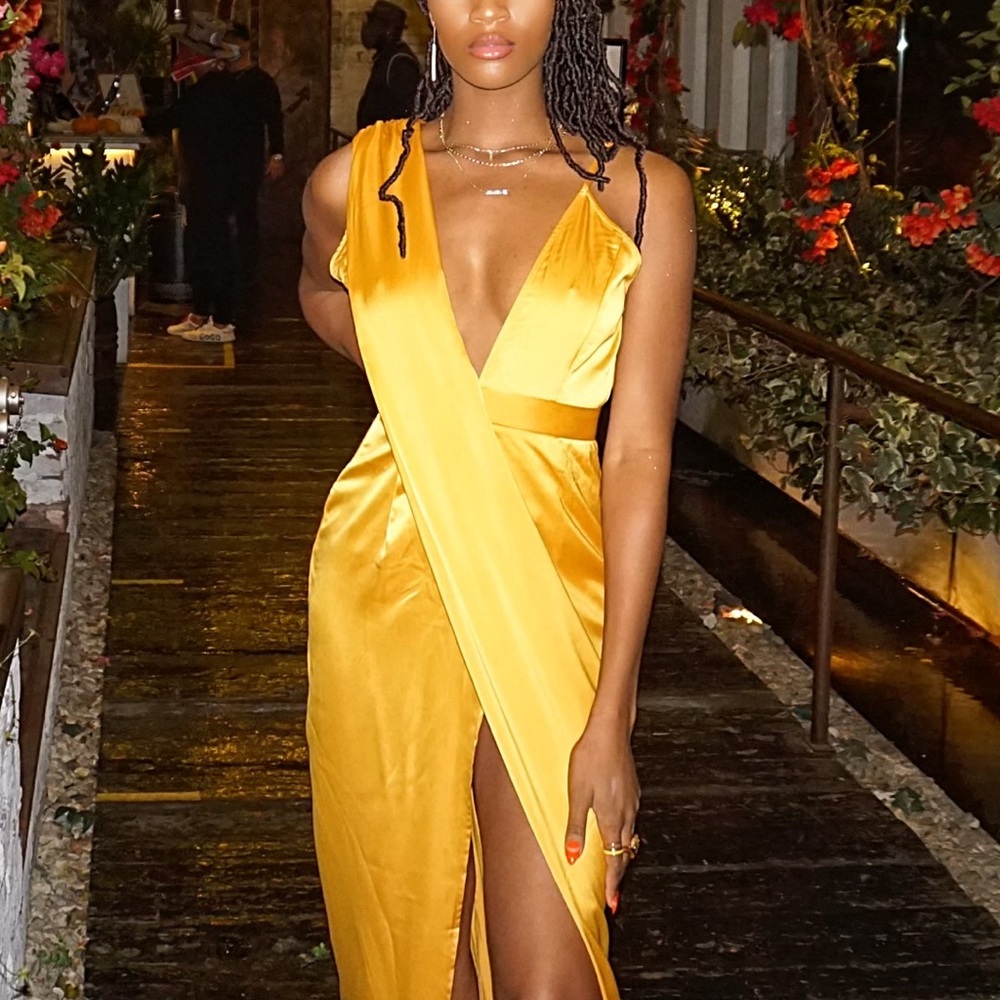 Mustard Satin Maxi Dress